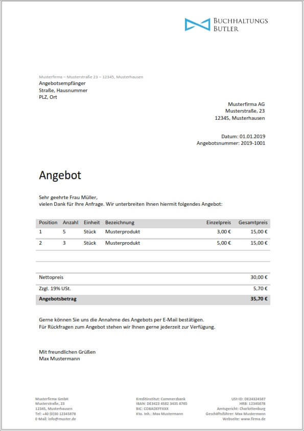 Angebotsvorlage Kostenlos Downloaden BuchhaltungsButler