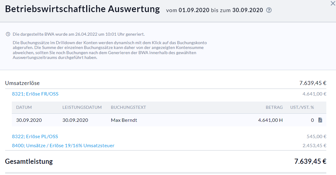 Ansicht Buchungskonto “8321; Erlöse FR/OSS” in BWA