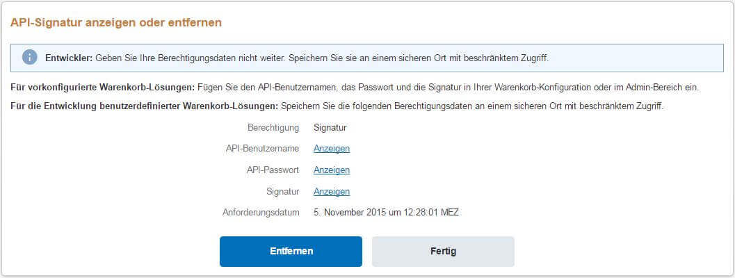 PayPal API Signatur anzeigen