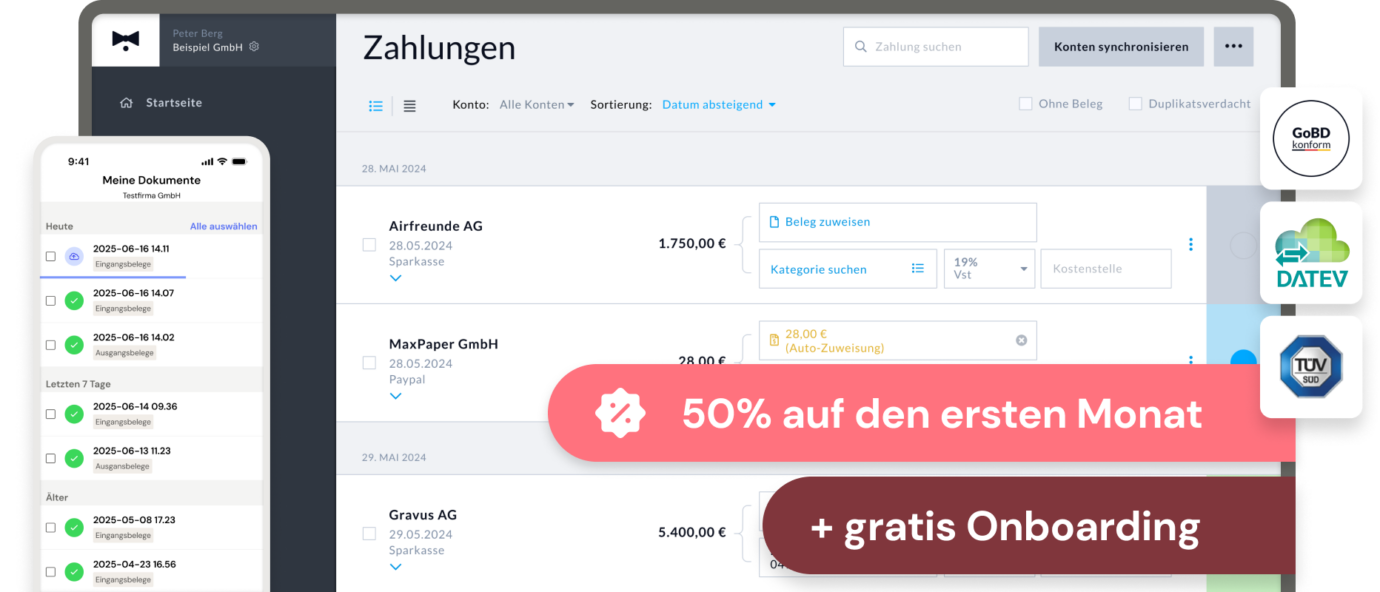 50% Rabatt auf den ersten Monat inkl. gratis Onboarding bei BuchhaltungsButler sichern