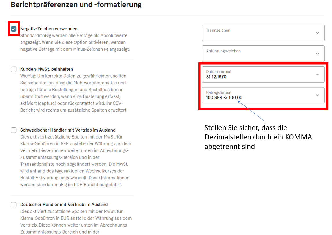 Berichtspräferenzen und -formatierung