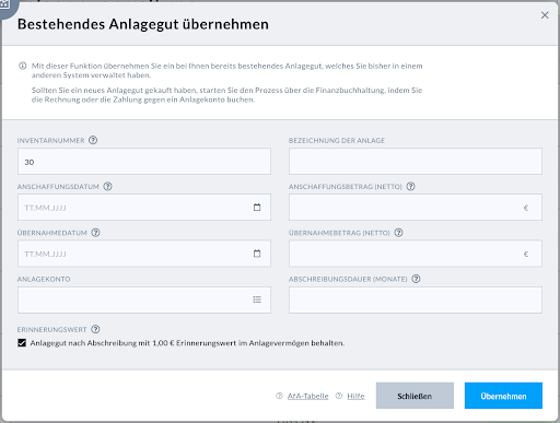Detailangaben zur Übernahme