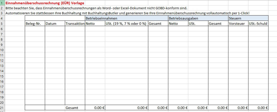 Einnahmen Uberschuss Rechnung Vorlage Kostenlos Buchhaltungsbutler