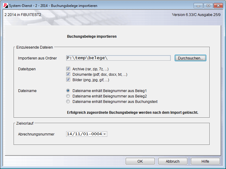 Auswahl für den Import von Buchungsbelegen.