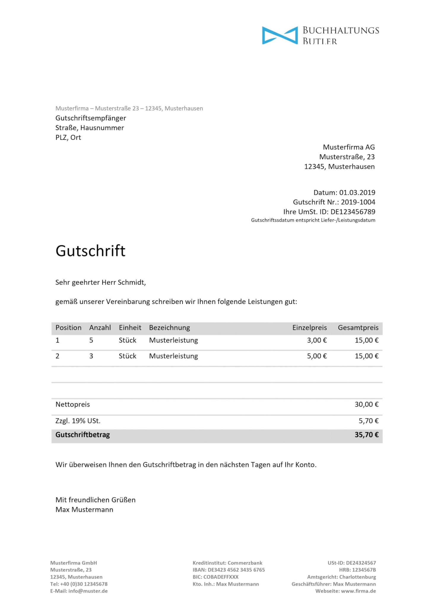 gutschriftsvorlage