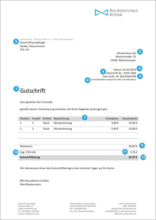 Kostenlose Gutschriftsvorlage Zum Download Buchhaltungsbutler