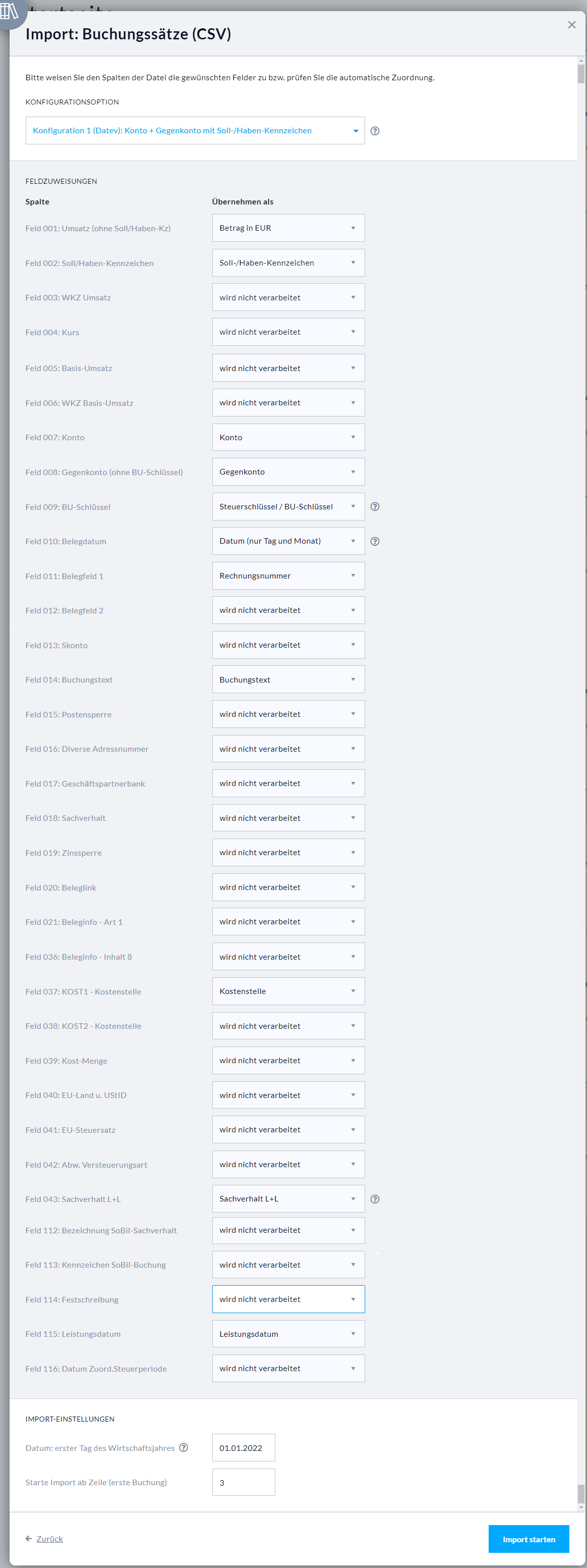Ausschnitt der Spaltenzuweisung bei einem Datev-Import