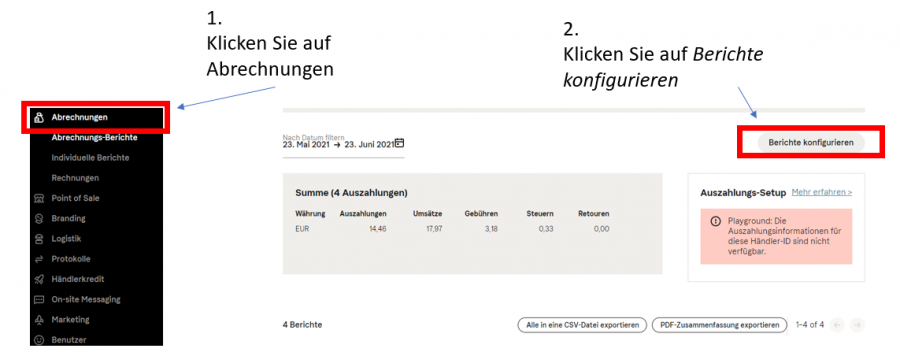 Bericht konfigurieren im Klarna Händlerportal