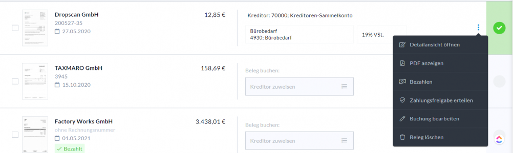 Kontextmenü in der Belegübersicht