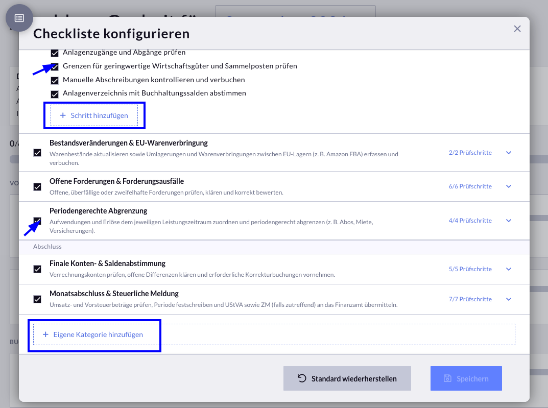 individualisierbare Monatsabschluss-Checkliste in Buchhaltungssoftware BuchhaltungsButler
