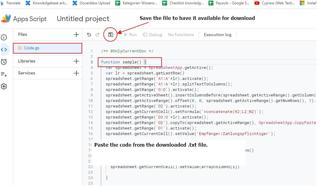 Speichern von Code in Apps Script