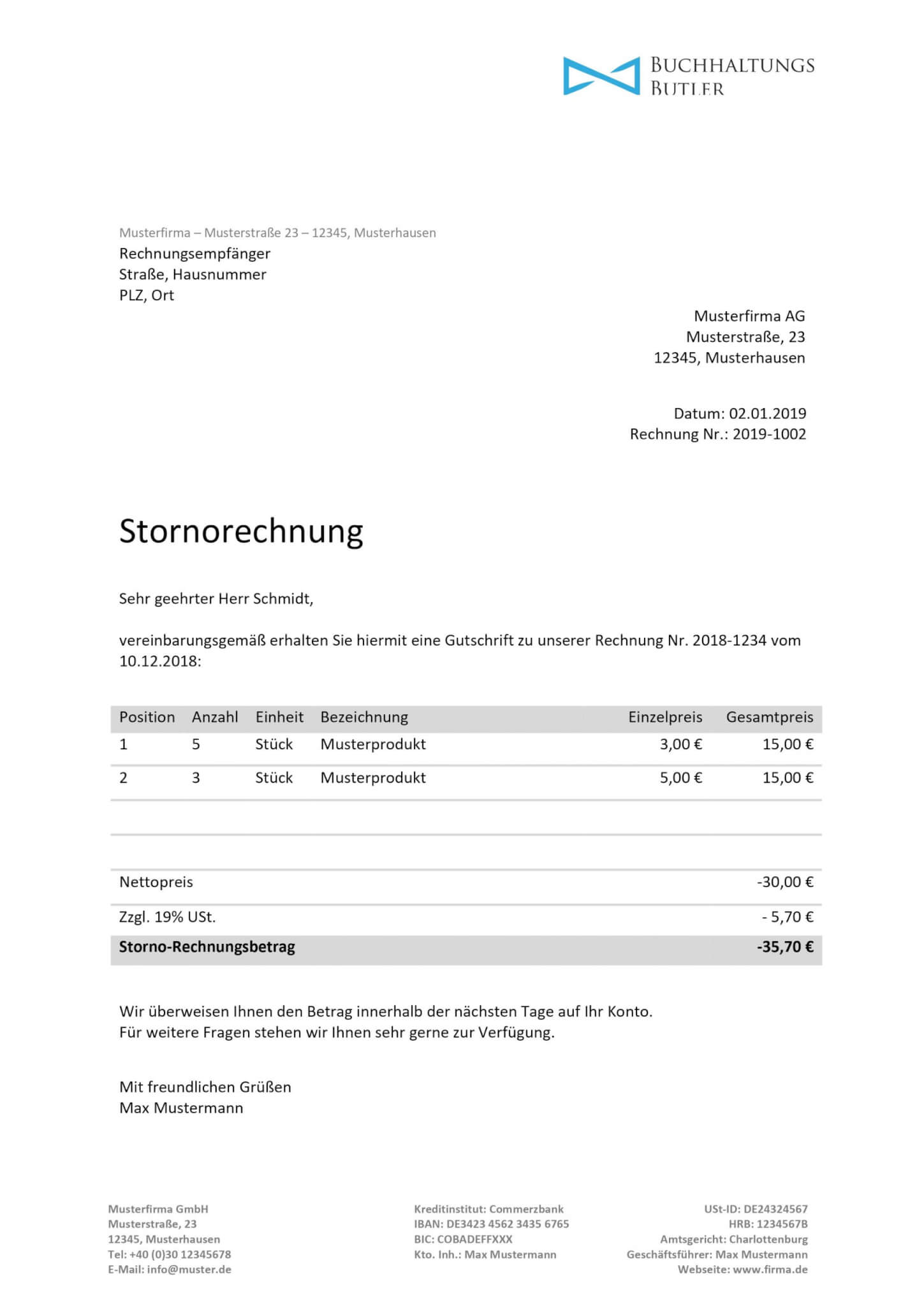 stornorechnungsvorlage kostenlos