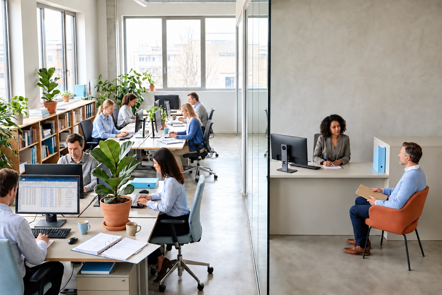 Ein helles Büro, durch eine Glaswand geteilt, links eine geschäftige Steuerkanzlei mit sechs Menschen an Schreibtischen, Ordnern und Pflanzen, rechts ein ruhiger Schalter im Finanzamt, an dem ein Sachbearbeiter einer wartenden Person gegenübersitzt