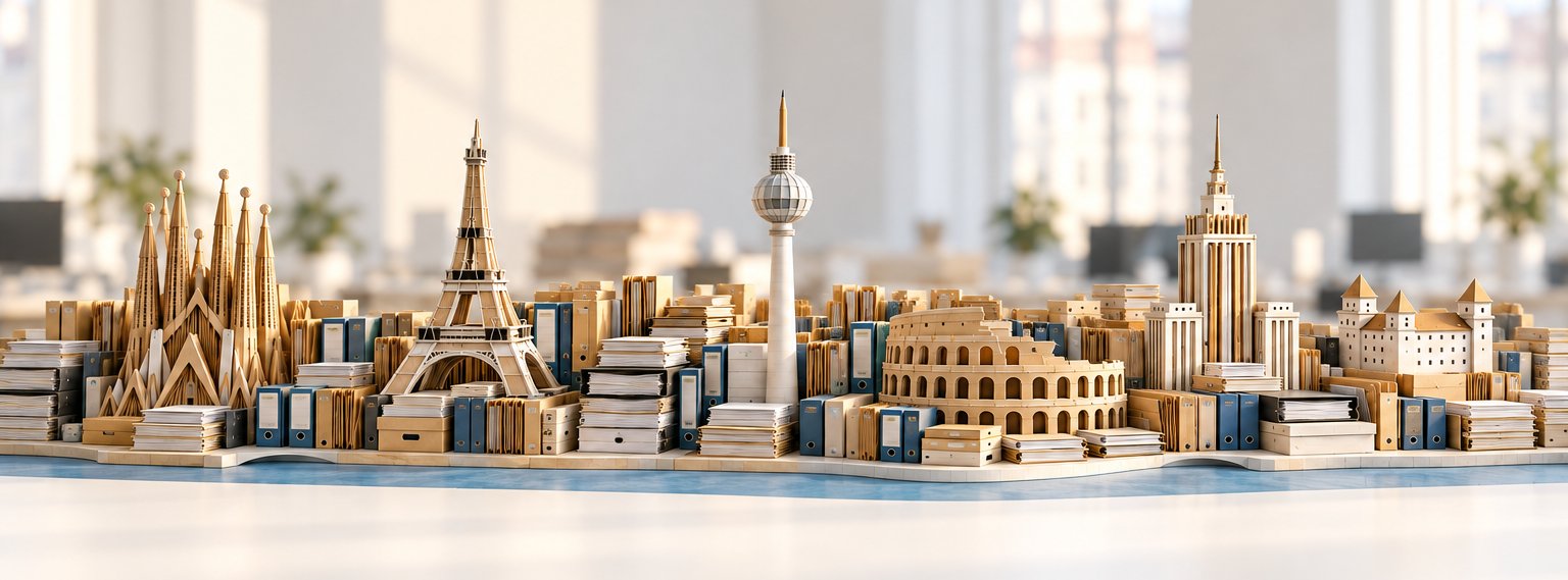 Europäische Wahrzeichen aus Aktenordnern und Papierstapeln