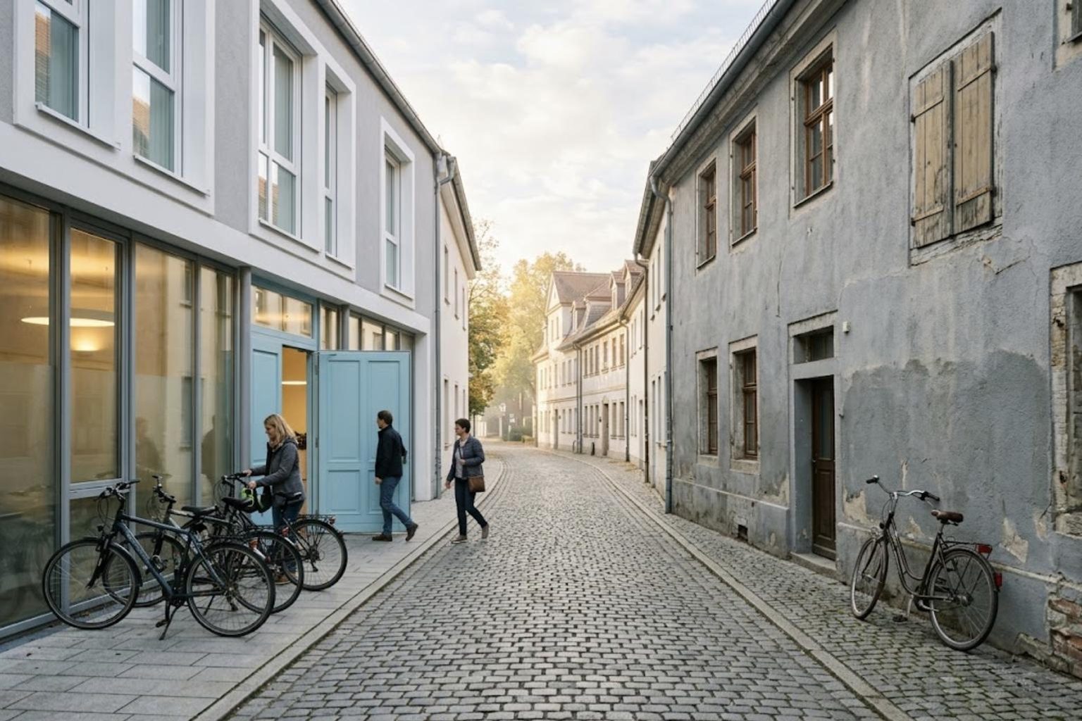 Eine Straße mit Kopfsteinpflaster in einer deutschen Stadt im Morgenlicht, links eine renovierte Steuerkanzlei mit Glasfront und hellblauen Türen, vor der Menschen mit dem Fahrrad ankommen, rechts ein älteres graues Finanzamt mit geschlossenem Fensterladen und einem einzelnen Fahrrad