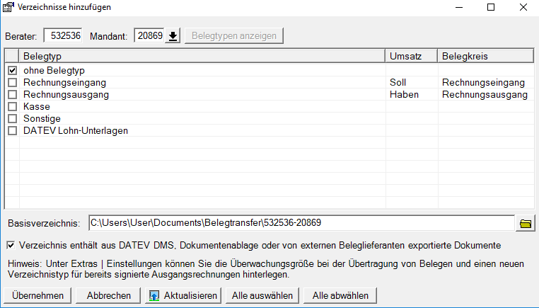 Verzeichnis in DATEV Belegtransfer hinzufügen