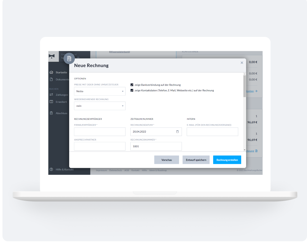 BuchhaltungsButler Webapp Neue Rechnung
