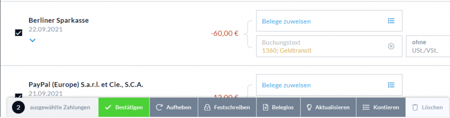 Zahlungen gesammelt löschen